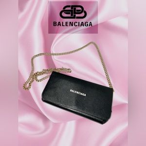 Balenciaga Black Grained Logo Purse with Chain